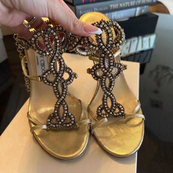 Jimmy Choo Metallic Calfskin Crystal Sandals Gold - Picture 1 of 7